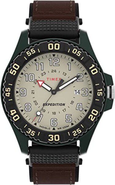 Timex Mens Acadia 42mm Watch Brown Strap Natural Dial Green Case