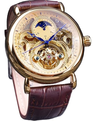 FORSINING Luxury Mens Watch with Moon Phase Tourbillon Retro Skeleton Hollow SelfWind Mechanical Wristwatch Leather Belt Automatic Movement Men Watches Gold Gold