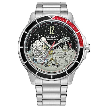 Citizen EcoDrive Mens Mickey Astronaut Stainless Steel Watch Red and Black Bezel Model AW170954W
