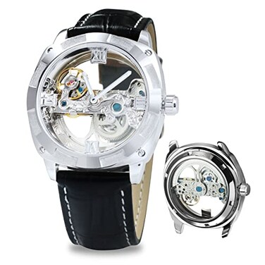 Caluxe Automatic Mechanical Tourbillon Watch Classy Black Brown Genuine Leather Strap Sports Rubber 3 Straps Combo