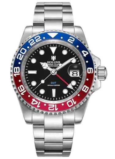 LOREO Luxury Mens GMT Automatic Watch Sapphire Waterproof Stainless Steel Luminous Business Watch