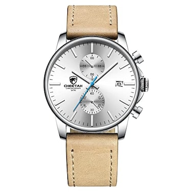 GOLDEN HOUR Fashion Minimalist Analog Chronograph Watches for Men with Brown Leather StrapAuto Date in Silver White