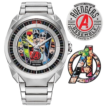 Citizen Mens EcoDrive Marvel Avengers Silver Stainless Steel Watch and Pin Gift Set Avengers 60th Anniversary Model AW208064W