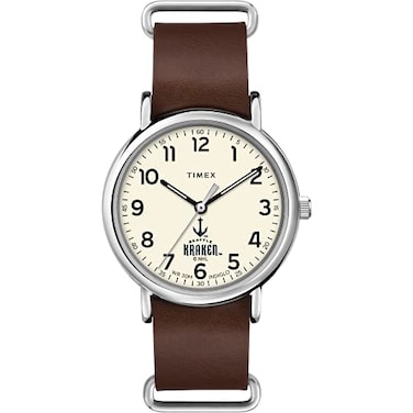Timex Mens NHL Weekender 40mm Watch Seattle Kraken with Brown Genuine Leather SlipThru Strap