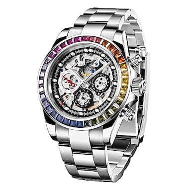RollsTimi Pagani Design Mens Automatic Watches Diamond Rainbow Automatic Mechanical Waterproof Stainless Steel Chronograph Skeleton Men 40mm QA1653 Gem Circle Silver Black
