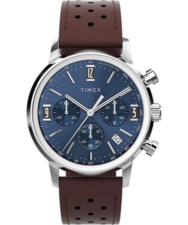 Timex Mens Marlin 40mm Watch Brown Strap Blue Dial Stainless Steel Case