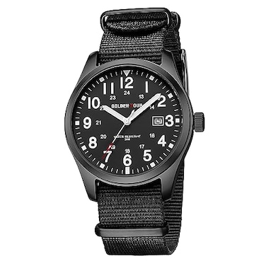 GOLDEN HOUR Mens Nylon SlipThru Strap Watch with Military Time Easy Read Dial Glowing Hands in Black