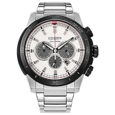 Citizen Mens EcoDrive Brycen Chronograph Silver Stainless Steel WatchWhite Dial Model CA418881A