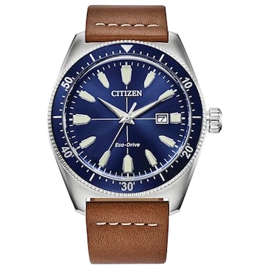 Citizen EcoDrive Mens Sport Casual Brycen Brown Leather Strap with Blue Dial 3Hand Date Luminous 43mm