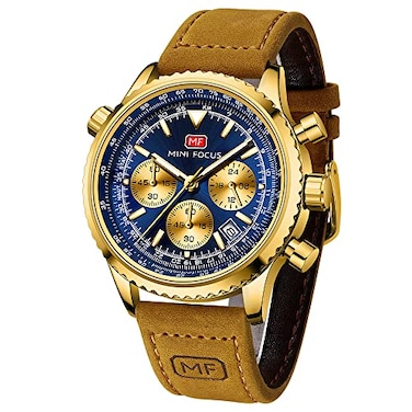 AIMES Mens Waterproof Sport Watch Brown Leather Chronograph 30M Water Resistance Blue Dial Date Display LED Light Functions