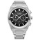 Citizen Mens EcoDrive Modern Axiom Chronograph Silver Stainless Steel Watch Black Dial Model CA458050E
