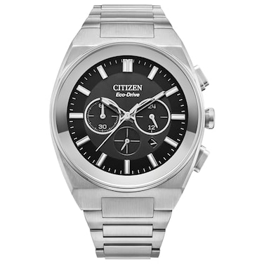 Citizen Mens EcoDrive Modern Axiom Chronograph Silver Stainless Steel Watch Black Dial Model CA458050E