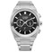 Citizen Mens EcoDrive Modern Axiom Chronograph Silver Stainless Steel Watch Black Dial Model CA458050E
