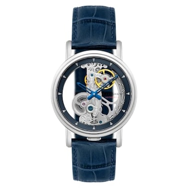 Thomas Earnshaw Fowler Bridge Mens Watch Automatic Skeleton Movement 43mm Stainless Steel Case Leather Strap Water Resistant 30m ES8225 Blue Silver