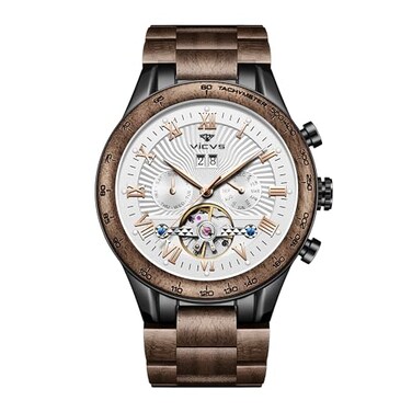 VICVS Natural Walnut Automatic Mens Wooden Watch Date Day Multifunctional Automatic Business Wooden Watch