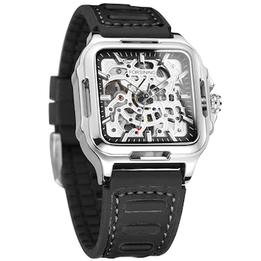 FORSINING Mens Waterproof Skeleton Stylish Watch Automatic Steampunk Self Winding Silicone Strap Luminous Square Wrist Watch 2Silver