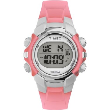 Timex Mens Digital 33mm Watch Pink Strap Digital Dial SilverTone Case