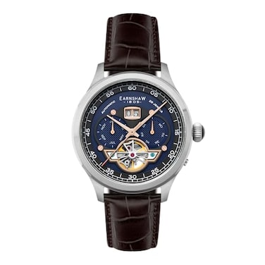 Thomas Earnshaw Mens 43mm Baron Grand Date Calendar Open Heart Automatic Blue Watch with Leather Strap ES818702