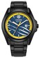 Citizen Mens EcoDrive Marvel Wolverine Black Ion Plated Watch with Black Leather Strap and Pin Gift SetBlue Dial Luminous Hands 42mm Model AW143566W