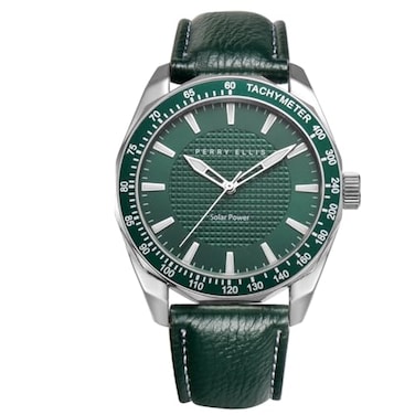Perry Ellis Solar Powered Mens Watch Vegan Leather WaterResistant Analog Wrist Watches for Men 42mm Case Aluminum Tachymeter Bezel Elegant Gift for Man Green