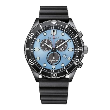Citizen Mens EcoDrive Weekender Sport Casual Black Stainless Steel Watch Polyurethane Strap Chronograph Blue Dial Model AT256718L