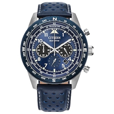 Citizen Mens EcoDrive Weekender Sport Casual SilverTone Stainless Steel Watch Blue Leather Strap Chronograph Model CA455701L