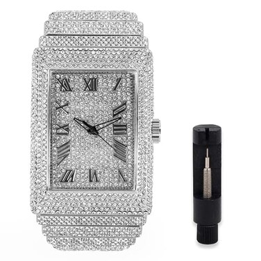 ICE STAR Mens Fully Iced Out Rectangle Watch 40mm Case Silver Roman Dial