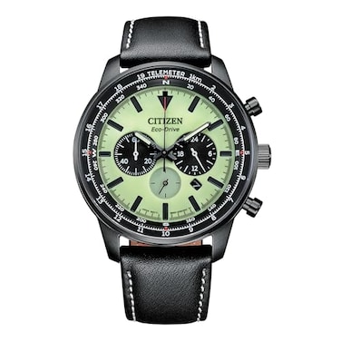 CITIZEN Citzen Mens EcoDrive Weekender Sport Casual Black Stainless Steel Watch Black Leather Strap Chronograph Model CA450521X