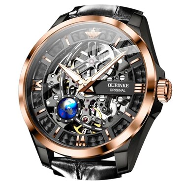 OUPINKE Skeleton Mens Automatic Watches Mechanical Luxury Dress Leather Self Winding Waterproof 50M5ATM Luminous Watches for Men
