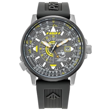 Citizen Mens EcoDrive Promaster Eco Nighthawk Watch Stainless Steel Black Polyurethane Strap Gray Dial Dual Time Date Model BJ700443H