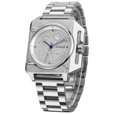 GLENAW Automatic Square Watches for Men Lunar Explorer Series Self Winding Mechanical Stainless Analog Wrist Watch 3ATM Waterproof 8655Silver
