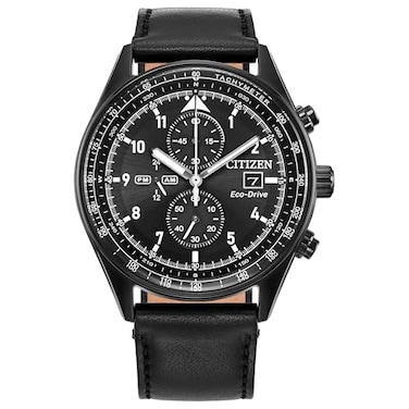 Citizen Mens EcoDrive Weekender Sport Casual Black Stainless Steel Watch Black Leather Strap Chronograph Model CA077501E