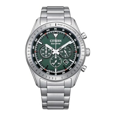 Citizen Mens EcoDrive Weekender Sport Casual SilverTone Stainless Steel Bracelet Watch Chronograph Green Dial Model CA460089X