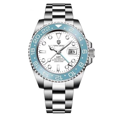 PAGRNE DESIGN Pagani Design GMT Automatic Mechanical Mens Watch Rotating Ceramic Bezel Stainless Steel Watch with Date Function Mens Sport Watch Sky BlueWhite3