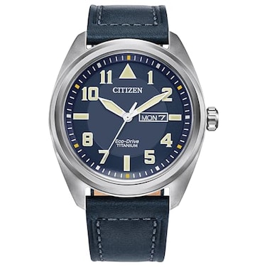 Citizen Mens EcoDrive Weekender Garrison Field Watch in Super Titanium SilverTone Blue Leather Strap 3 Hand DayDate Model BM856801L