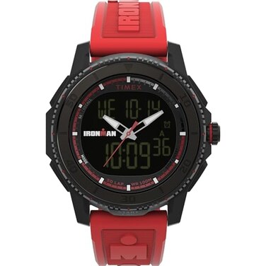Timex Mens Ironman Triathlon Adrenaline Anadigi 46mm Watch Red Strap Digital Dial Black Case