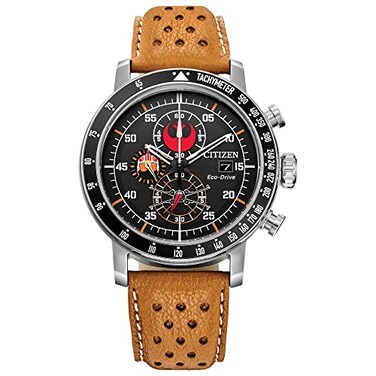 Citizen EcoDrive Star Wars Mens Watch Stainless Steel with Orange Leather Strap Rebel Pilot SilverTone 44mm Model CA447856L
