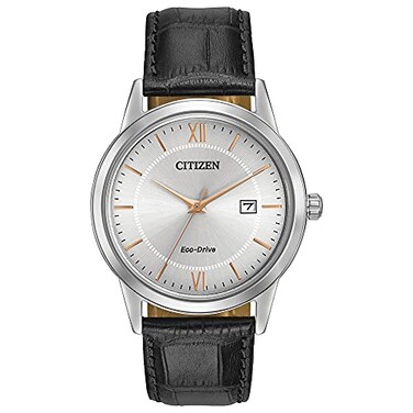Citizen Mens EcoDrive Classic Watch in Stainless Steel with Black Leather Strap Silver Dial Model AW123603A