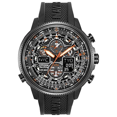 Citizen Mens Promaster Navihawk EcoDrive Pilot Watch Atomic Timekeeping Chronograph Power Reserve Indicator Luminous AntiReflective Crystal Black Rubber Strap Model JY803504E