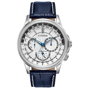 Citizen Mens EcoDrive Calendrier Classic Watch in Stainless Steel with Navy Leather Strap White Dial Model BU202002A