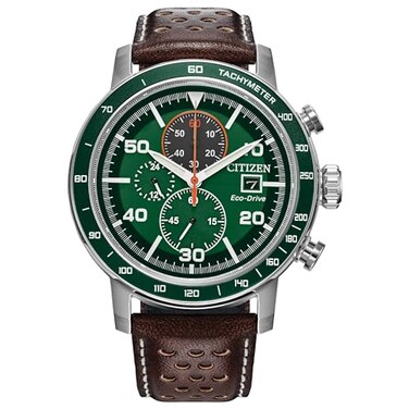 Citizen Mens EcoDrive Weekender Brycen Chronograph Watch in Stainless Steel Brown Preforated Leather Strap Green Bezel TimeDate 3 Hand Green Dial ModelCA085105X