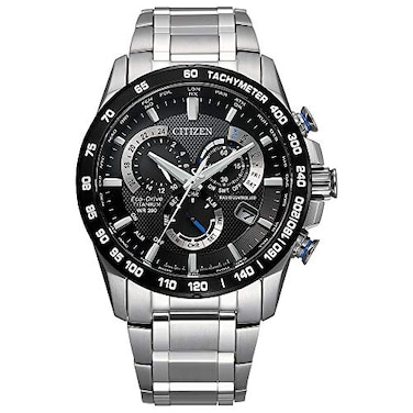 Citizen Mens EcoDrive Sport Luxury PCAT Chronograph Super Titanium Watch Power Reserve Indicator Black Dial 42mm Model CB590857E