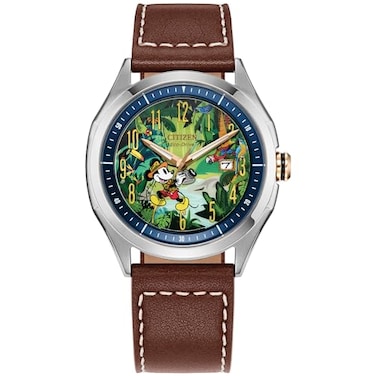 CITIZEN Mens EcoDrive Disney Mickey Mouse Explorer Stainless Steel Case Watch Brown Leather Strap 3 Hand Model AW114906W