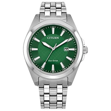 Citizen Mens EcoDrive Classic Peyton Watch 3Hand Date Sapphire Crystal Luminous Markers SilverGreen Dial