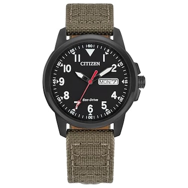 Citizen Mens EcoDrive Weekender Garrison Field Watch Black Stainless Steel Watch Khaki Nylon Strap 3 Hand DayDate Model BM818607E
