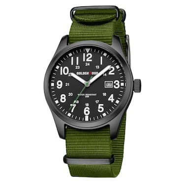 GOLDEN HOUR Mens Nylon SlipThru Strap Watch with Military Time Easy Read Dial Glowing Hands in Black Dial Green Band