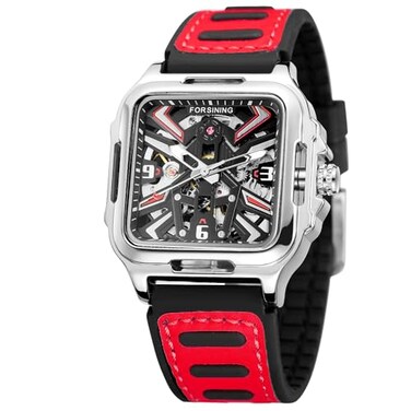 FORSINING Mens Stainless Steel Automatic Self Wind Skeleton Retro Square Silicone Strap Wristwatch