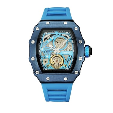 TIME100 Automatic Mechanical Watches for Men Skeleton Square Big Face Wristwatch Adjustable Silicone Strap Blue W60168G