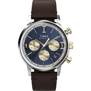 Timex Mens Marlin Quartz Chronograph 40mm Watch Brown Strap Blue Dial TwoTone Case