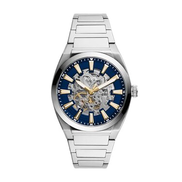 Fossil Mens Everett Automatic Stainless Steel ThreeHand Watch for Men Color Silver